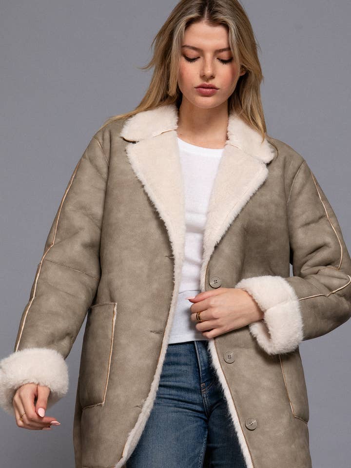 Lapel Collar Button Down Double Sided Faux Leather Coat for wholesale by Active Basic | Active USA