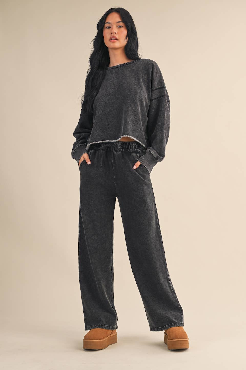 KIMBERLY C - Wholesale Athletic Top - Women's - Denim Wash Cutout Back Layering Fleece-Lined Sweatshirt10