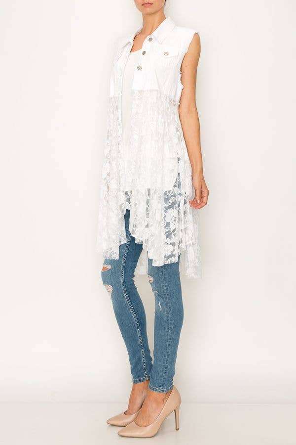 CROPPED DENIM VEST WITH LACE LAYER - 4506 IVORY for wholesale on Faire2