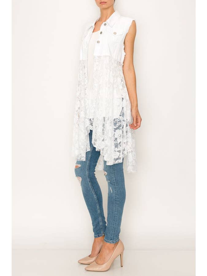 CROPPED DENIM VEST WITH LACE LAYER - 4506 IVORY for wholesale on Faire2