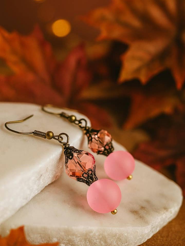 Handmade Blush Pink Frosted Glass Dangle Earrings for wholesale by Bad Apple Designs