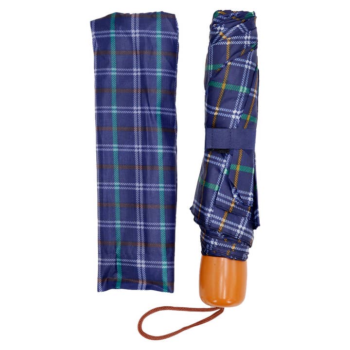 Cap Zone - Wholesale Umbrella - Unisex - Blue Plaid Manual 8-Panel 3-Fold Compact Umbrella