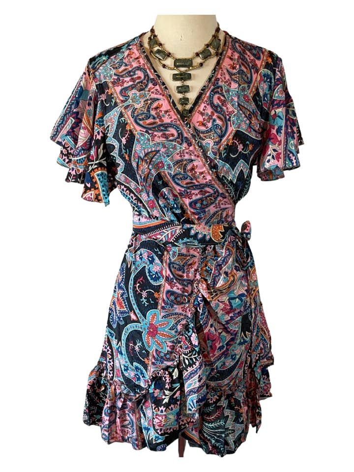 Pink and Silver - Vente Robe – femme - Robe kimono courte cache-cœur ajustable en soie (marine/rose)1