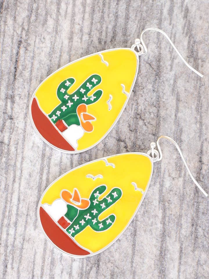 Enamel Coated Cactus w/ Cowboy Hat Teardrop Dangle Earrings for wholesale by SP Sophia Collection
