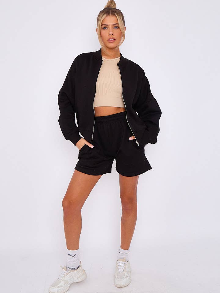 Shorts e zíper de lã estilo Bomber Superdimensionados Co-ord por atacado de Stylewise Direct