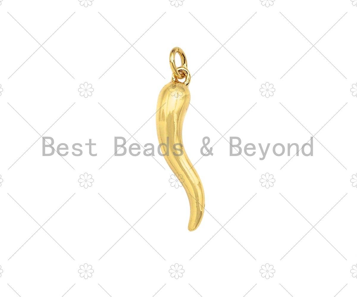 BestBeads&Beyond – Pendente/pingente individual por atacado – Pingentes Charme Chifre Italiano Brilhante 18k em Ouro/Silver, Proteção, Formato Pimenta, para Pulseira e Colar, 5x26 mm, sku#L4571