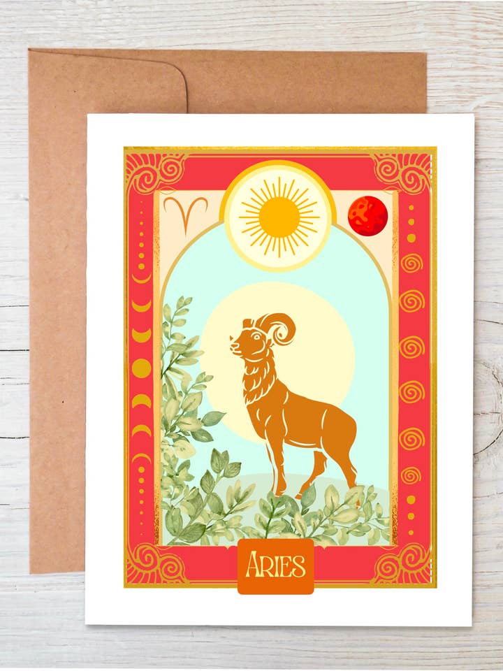 Aries Birthday Card: Ram Zodiac, Eco-Friendly Celestial Art for wholesale by The Raven’s Edge Studio