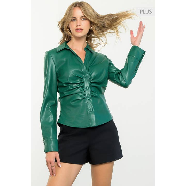 GREEN /Size XL/ Leather Button Up Long Sleeve Top for wholesale on Faire