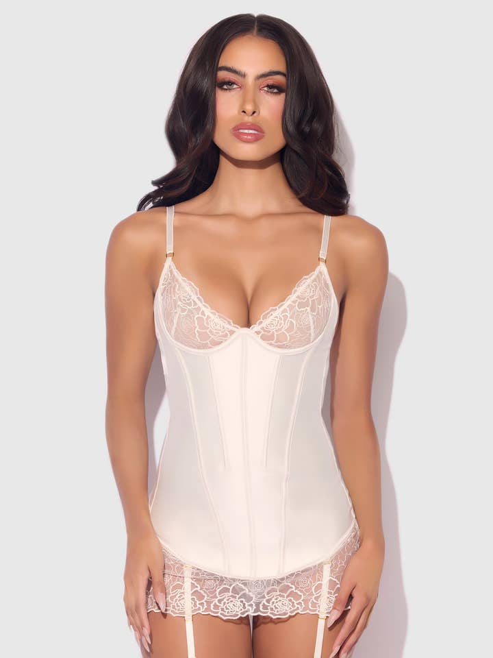 PEARL IVORY ROSALIE SATIN & EMBROIDERED LACE CHEMISE & G-STRING SET for wholesale on Faire