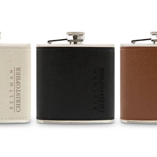 Weddingstar Inc. - Wholesale Flask - Faux Leather Wrapped Metal Hip Flask - Vertical Best Man3