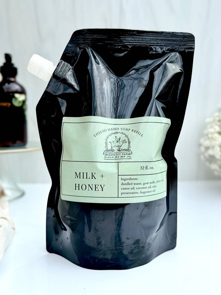 Savon liquide pour les mains Lait + Miel - Recharge 32oz pour la vente par Mazzeltov Farms Soap Co.