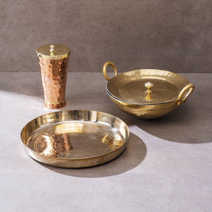 Ayurveda Starter Kit (1 Brass Kadhai, 1 Copper Tumbler, 1 Kansa (Bronze) Thaali - 10.5") for wholesale by SAMA Homes