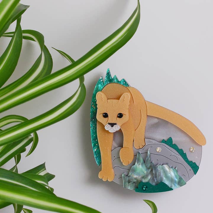Grey Caramel Green Mountain Lion Brooch for wholesale on Faire0