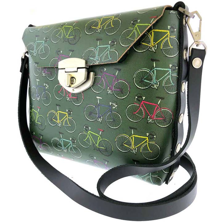 Green Bikes Tall Leather Crossbody Clutch for wholesale by Jon Wye