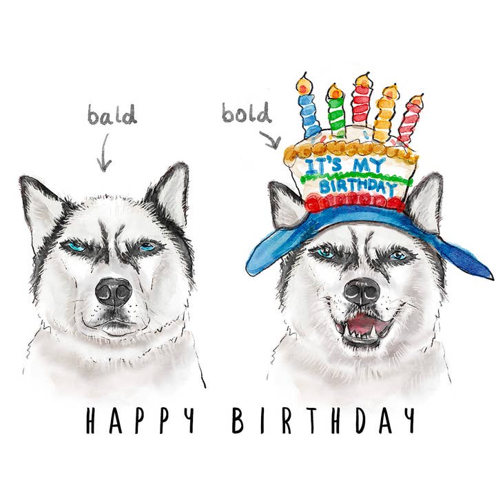 Liyana Studio - Wholesale Birthday Card - Bold Bald Husky Birthday - Funny Birthday Card