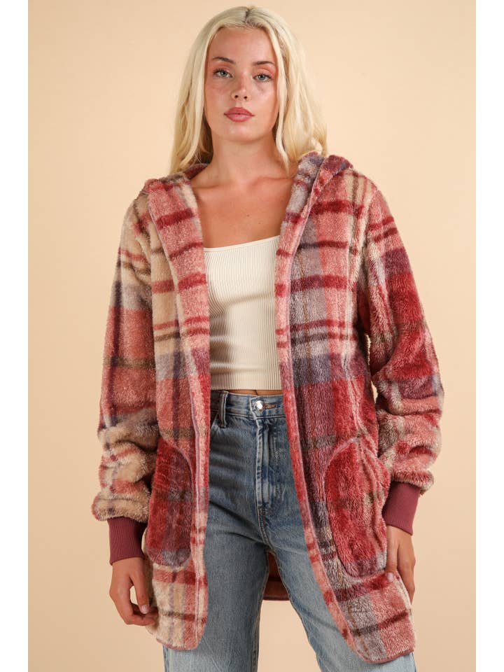 VERY J - Wholesale Jacket - Women's - NJ90302X-PLUS SIZE Faux Fur Tunic Hooded Printed Jacket