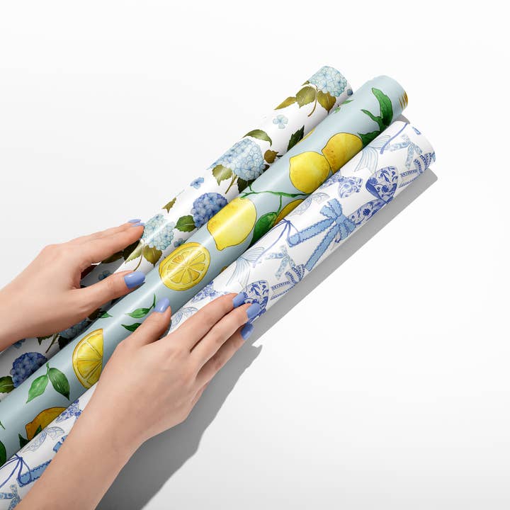 KelseyMDesigns - Wholesale Wrapping Paper Roll - Blue Hydrangea Pattern Wrapping Paper - 3 Sheet Roll