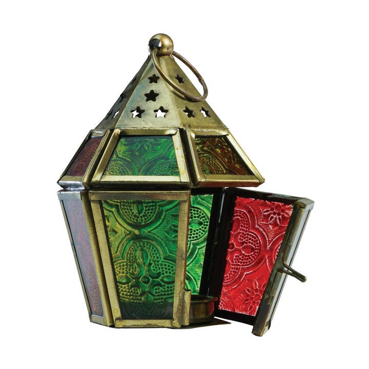 Mini Red, Yellow & Green Hex Glass Tealight Lantern for wholesale by In the Breeze, LLC.