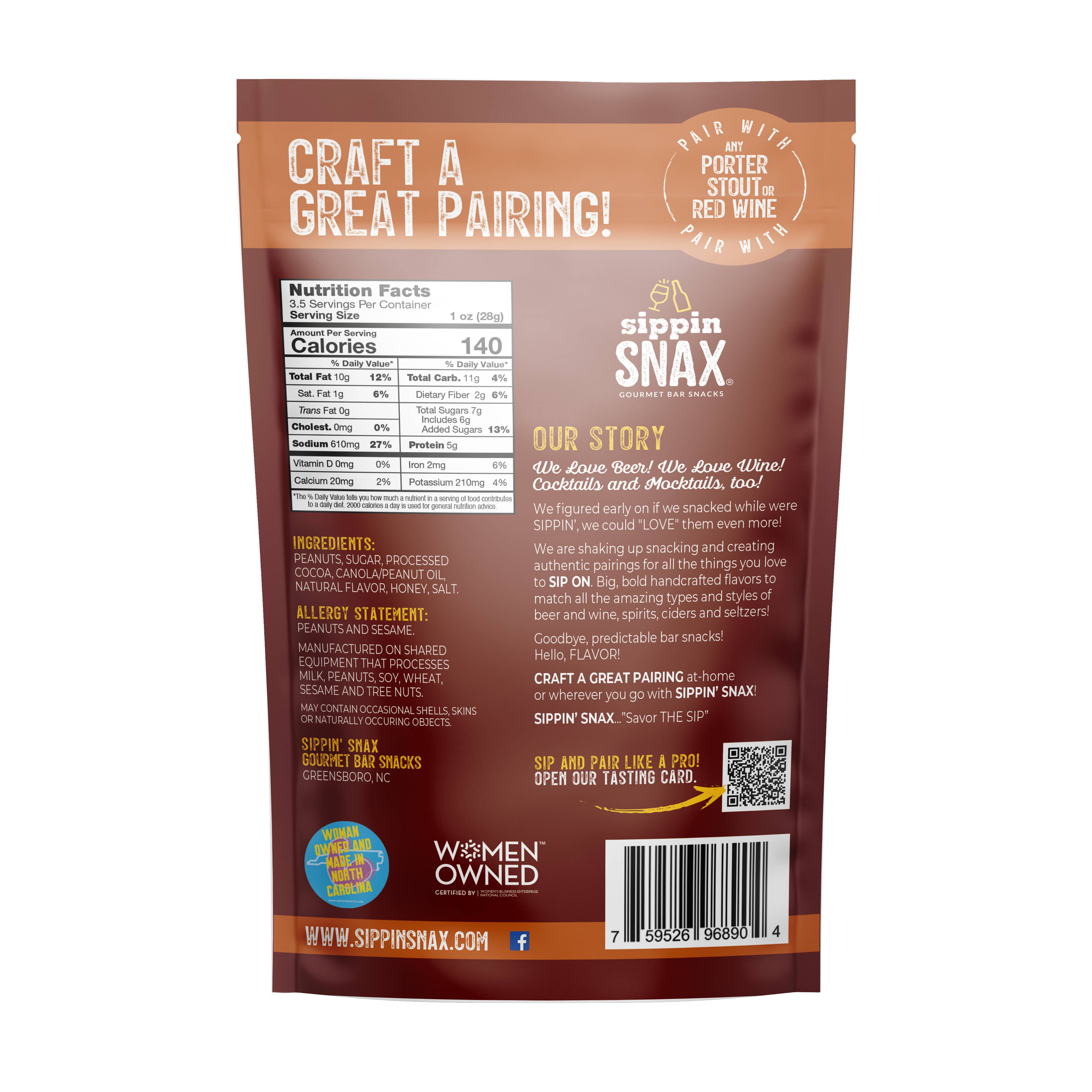 SIPPIN SNAX Gourmet Bar Snacks - Wholesale Nuts - SIPPIN SNAX Chocolate Porter Craft Peanuts 4.2 oz  (12 ct cs1