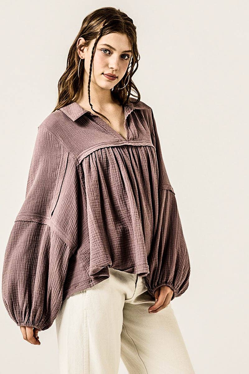 noflik - Wholesale Blouse - Women's - Plus  Bubble Slv Cotton gauze Babydoll Blouse- INT1070P_8