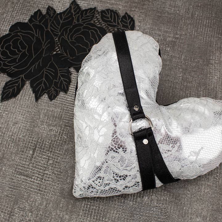 Metallic Silver Lace Harness Heart Pillow for wholesale by Sumie Tachibana
