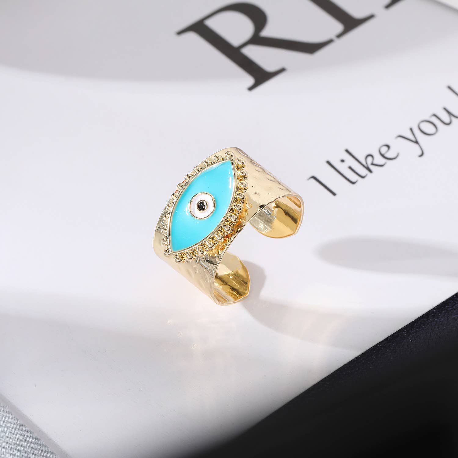 Gemscape UK - Wholesale Cocktail/statement ring - Gold Light Blue Evil Eye Vintage Ring Adjustable Jewelry