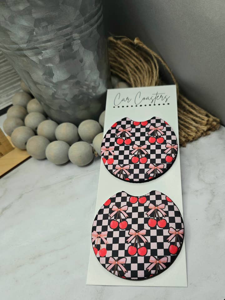 Cherry Car Coasters for wholesale by Woody Bee Creations