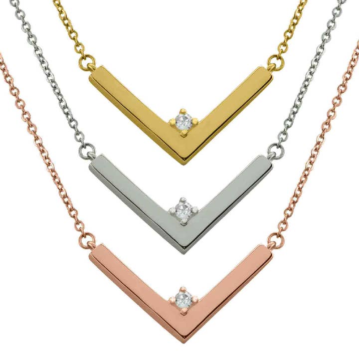 18K PVD Coated Stainless Steel V-Shaped Pendant Necklace With CZ Accent for wholesale by WJW