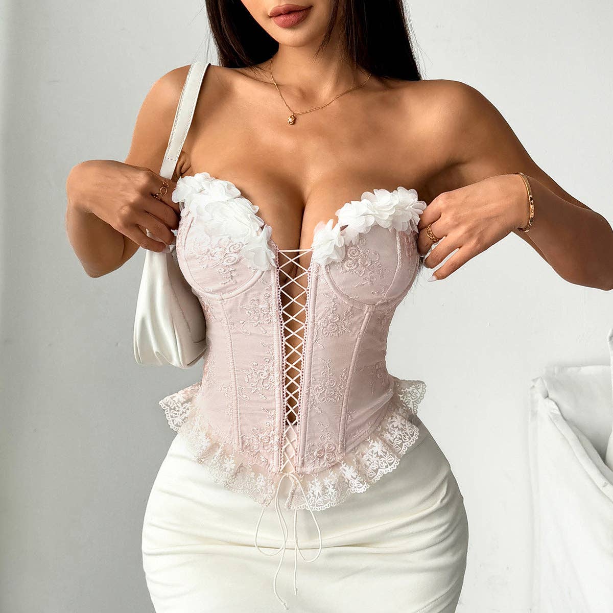 Marayn - Wholesale Corset - Women's - Lace Corset Top with Floral Embroidery  Ties16