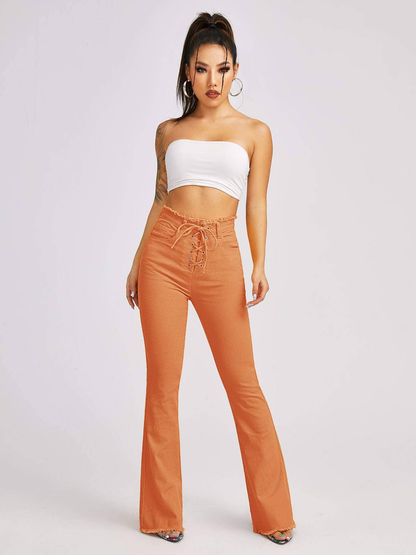 Queen Fashion - Wholesale Jeans - Women's - high waist lace up front flare leg jeans4