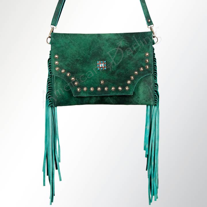 LS Western - Wholesale Crossbody bag – Women's - LC-ADBGZ284 Green Suede Western Fringe Bag - Turquoise Studded Crossbody Flap Purse1