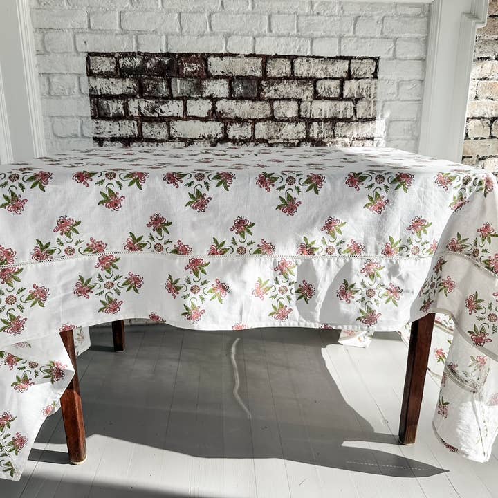 August Table – Großhandel Tischdecken – Garten Pink und Grün Tischdecke - Baumwolle | Leinenmischung1