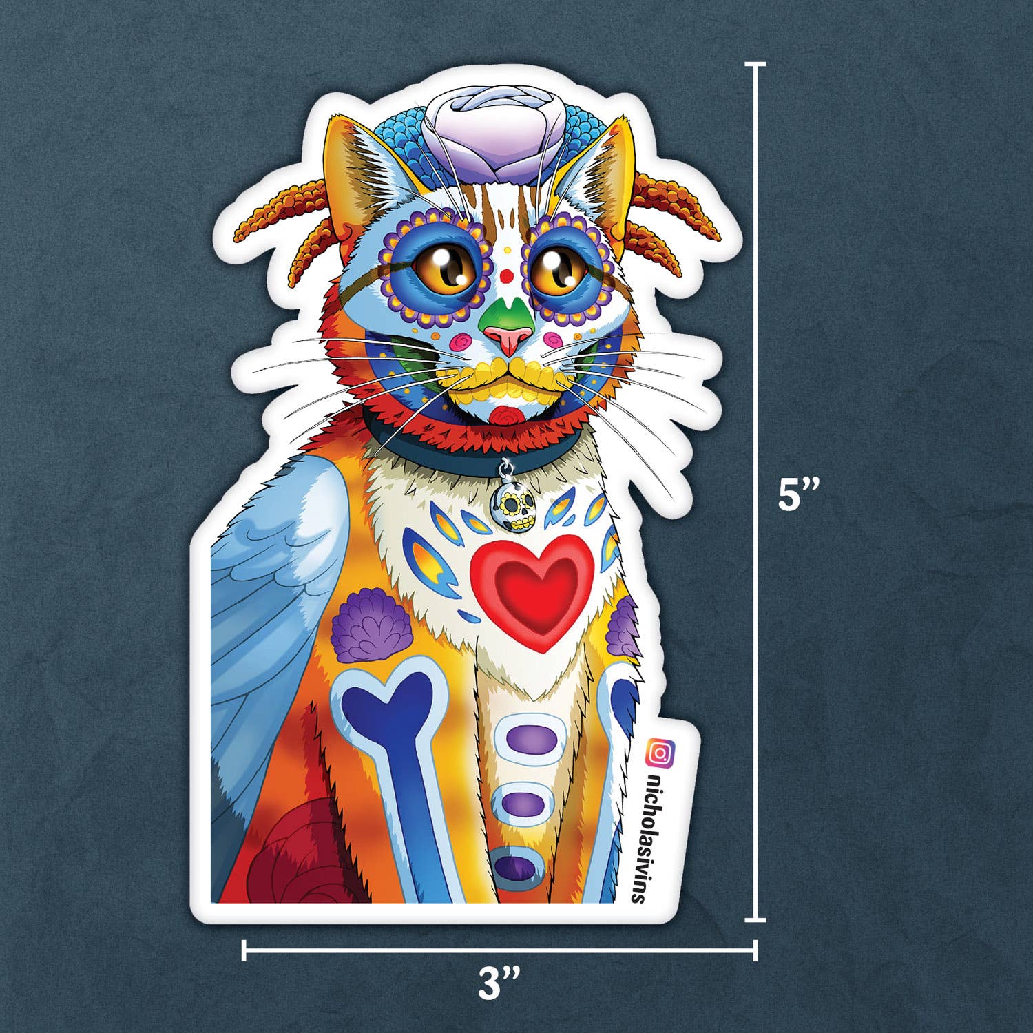 Nicholas Ivins Art & Illustration - Wholesale Sticker - Day of the Dead Orange Cat Sticker - “Calvin”1