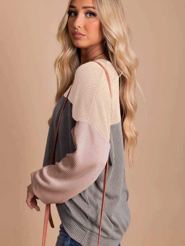 Lovesoft - Wholesale Knit Top - Women's - Khaki Block Long Sleeve Ribbed Loose Casual Top11