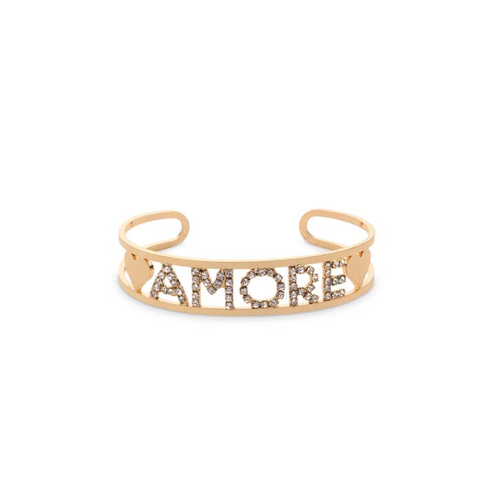 Clear Rhinestone & Gold Amore Bangle Bracelet for wholesale by Weddingstar Inc.