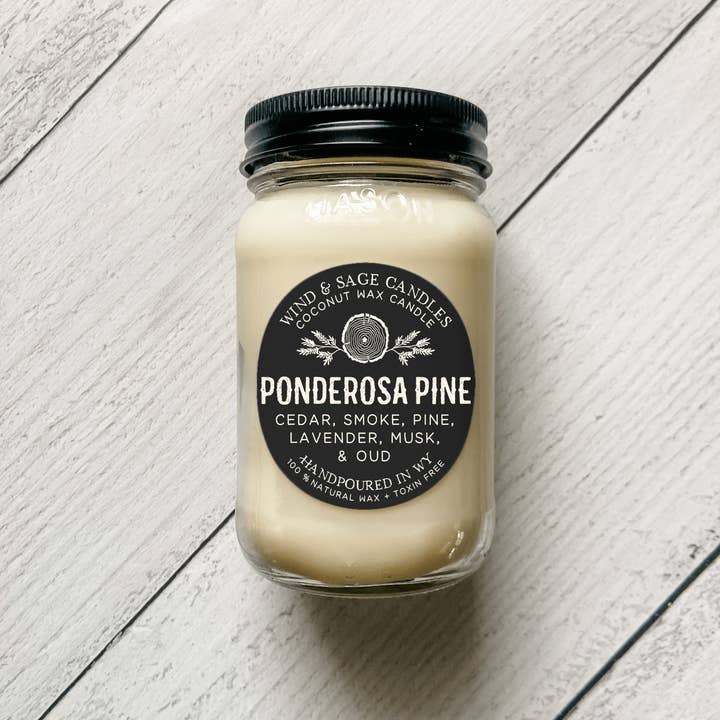 Ponderosa Pine Mason Jar Candle, 100% Natural Wax for wholesale by Wind & Sage
