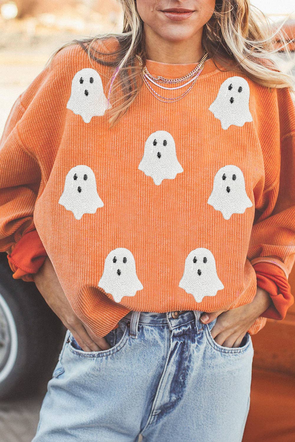 Orange Women's Halloween Ghost Patch Ribbed Knit Sweatshirt for wholesale on Faire