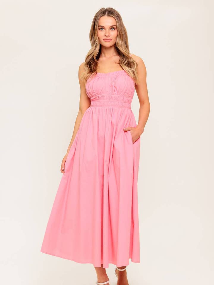 Robe midi tissée solide - ID22543 ROSE pour la vente par FLYING TOMATO