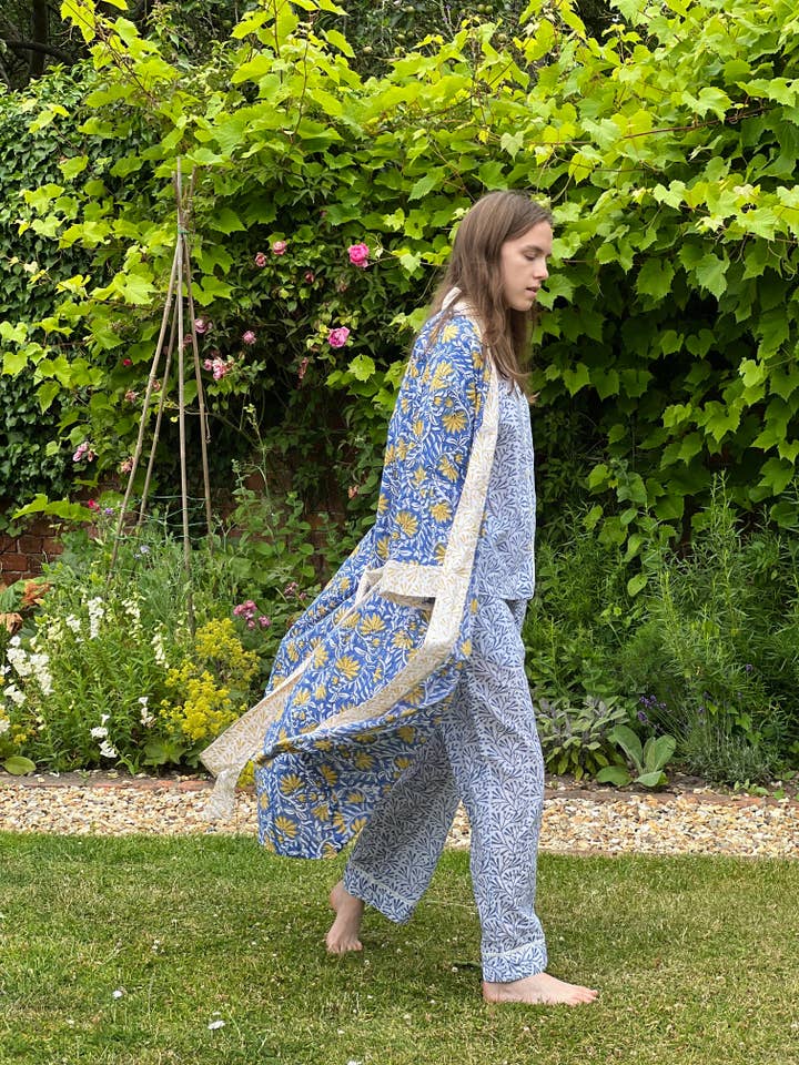 Lime Tree Design - Wholesale Robe - Women's - Long Cotton Kimono - Jaipur Blue & Yellow5