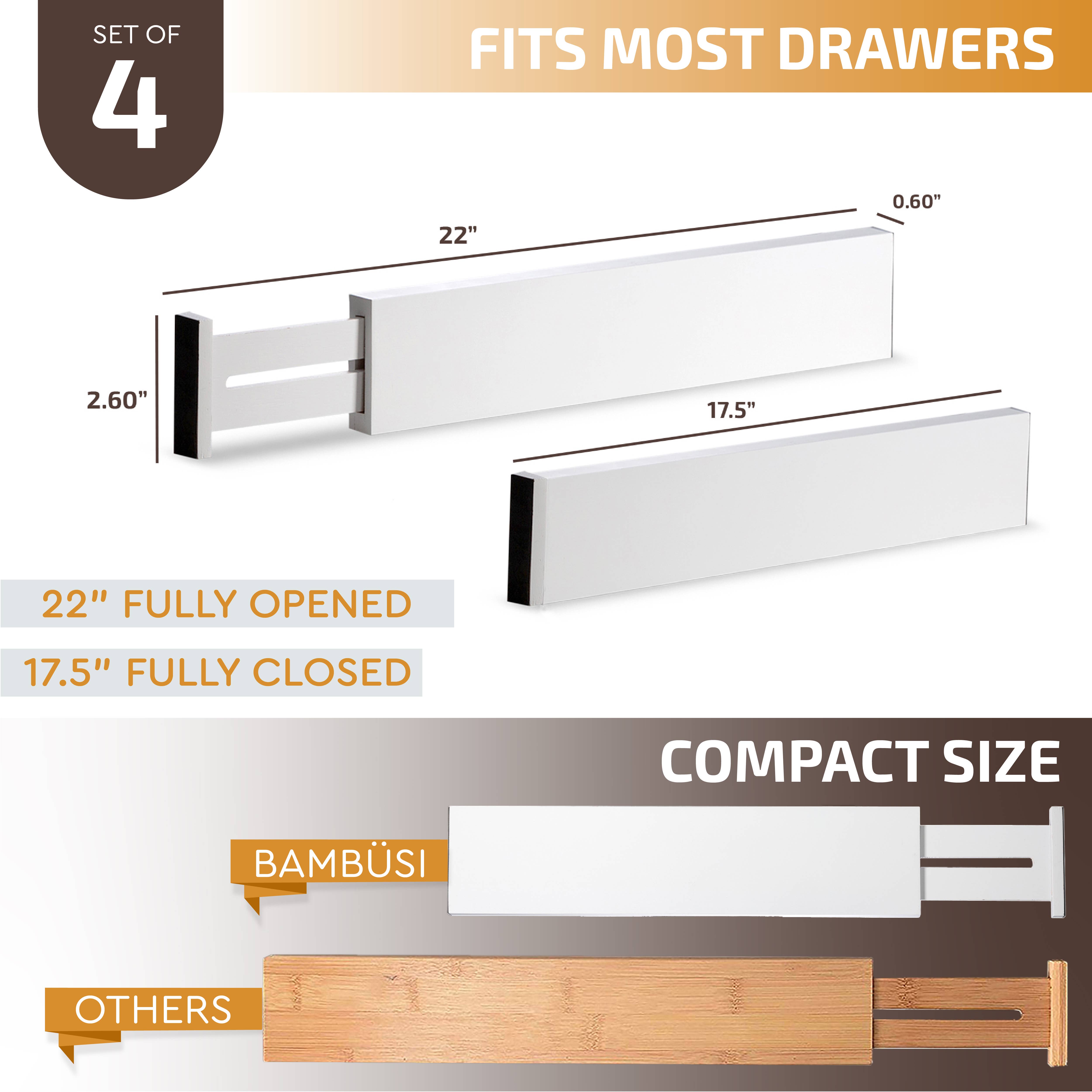 Bambusi - Wholesale Drawer Organizer - Bamboo Drawer Dividers, Adjustable, 4-Pack (White)8