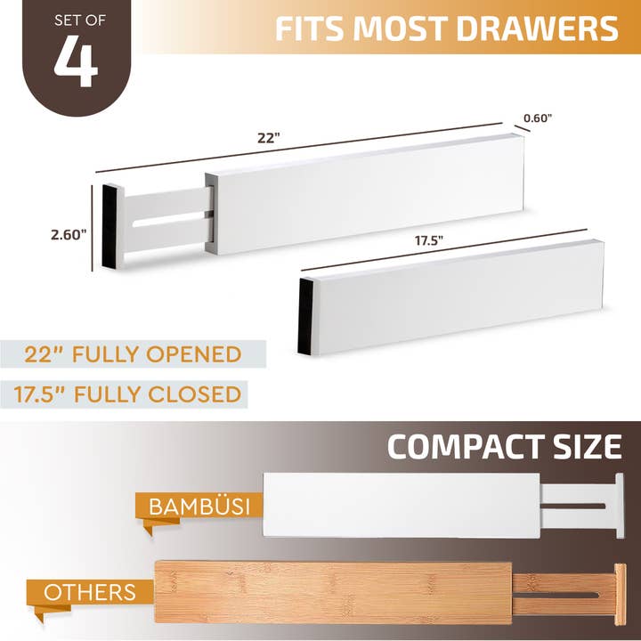 Bambusi - Wholesale Drawer Organizer - Bamboo Drawer Dividers, Adjustable, 4-Pack (White)8