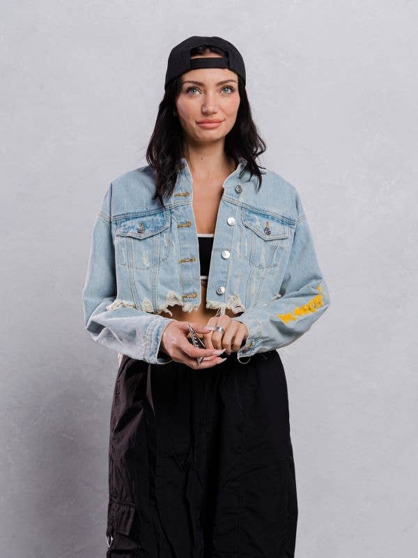 Trio Urban - Vente Veste en jean – femme - Veste courte en jean jaune Smiley Face10