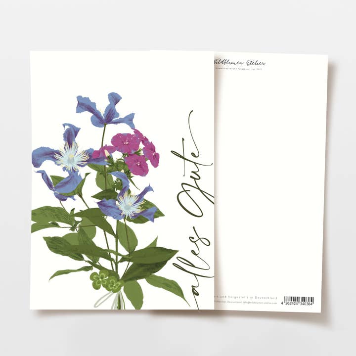 Tarjeta postal «Alles Gute» con flores moradas, certificada FSC para venta al por mayor de Wildblumen Atelier