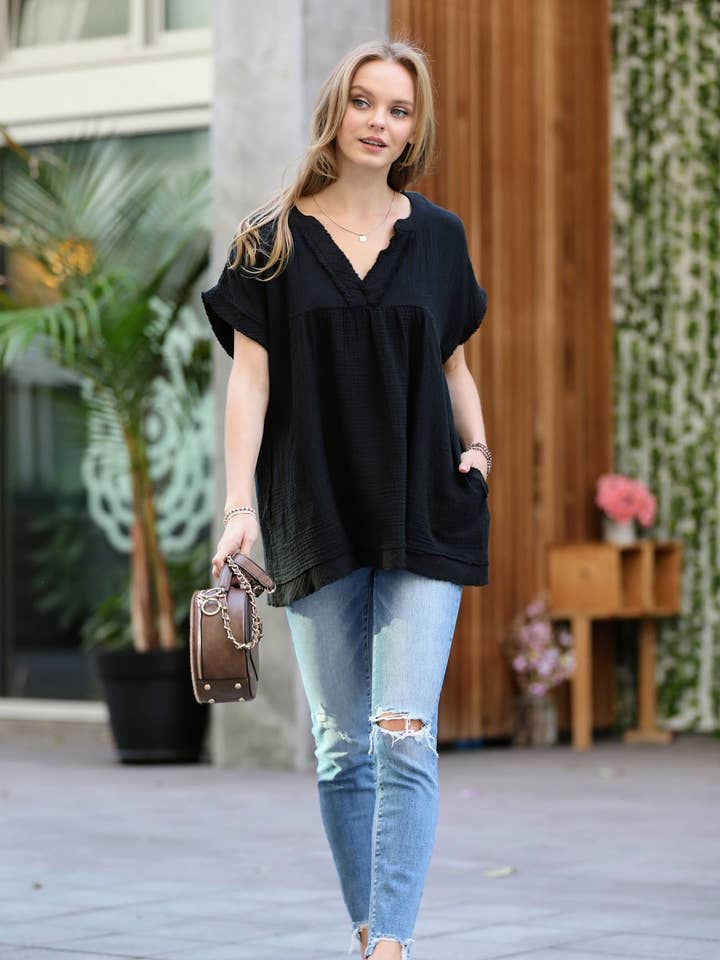 42POPS - Wholesale Tunic - Women's - .Raw Edge Short Sleeve V Neck Shirt