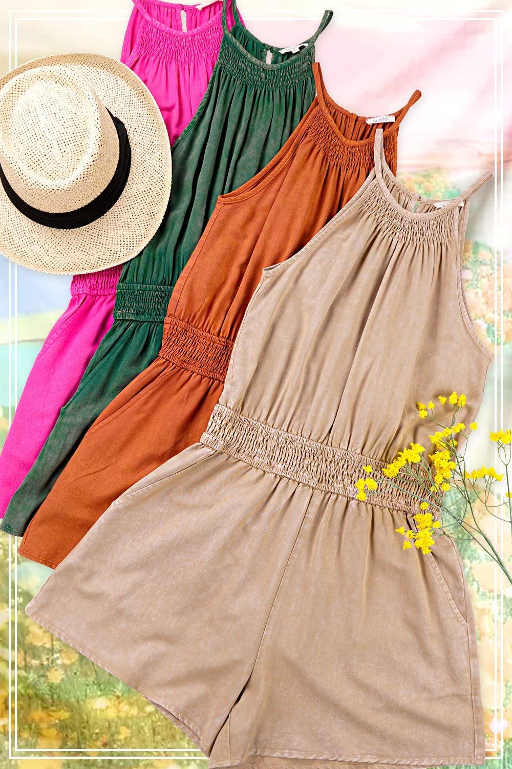 La Miel - Wholesale Romper - Women's - HCD9313-Mineral Washed Sleeveless Mini Romper with Pocket20