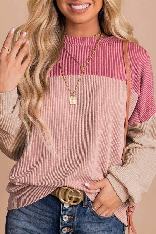 Queen Fashion - Vendita all'ingrosso Top in maglia - Donna - top ampio a costine a maniche lunghe a blocchi di colore rosso4