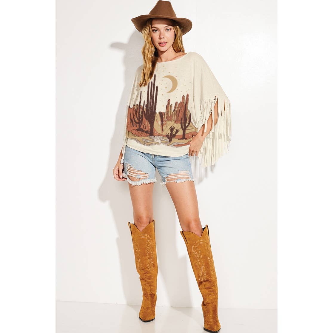 Phil Love - Wholesale Screen Printed T-Shirt - Women's - Western print dolman Fringe top4