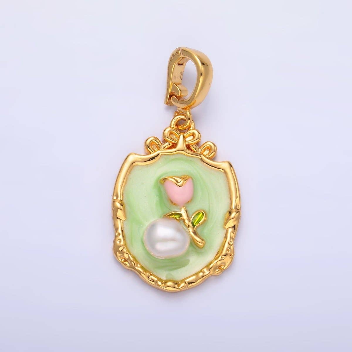 Aim Eternal - Wholesale Individual Charm/Pendant - 24K Gold Filled Green Pink Rose Flower With Pearl Snap Bail Pendant | AA14620