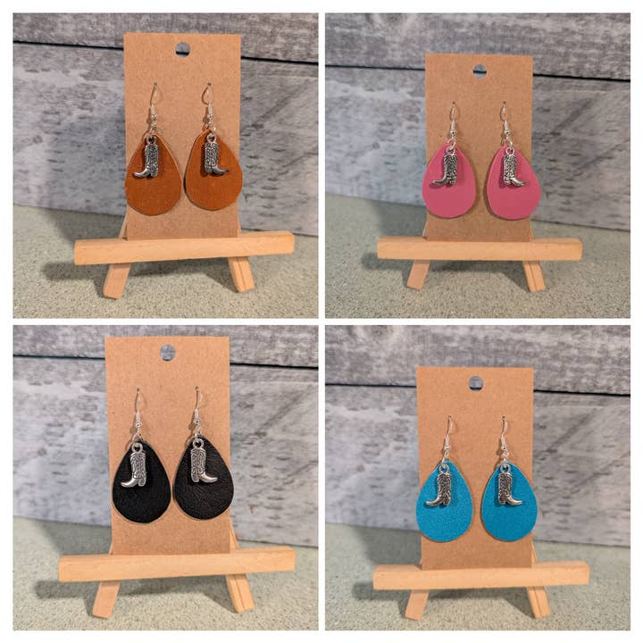 Cowboy Boot Charm Leather Earrings for wholesale by Tiger Mountain Leatherworks