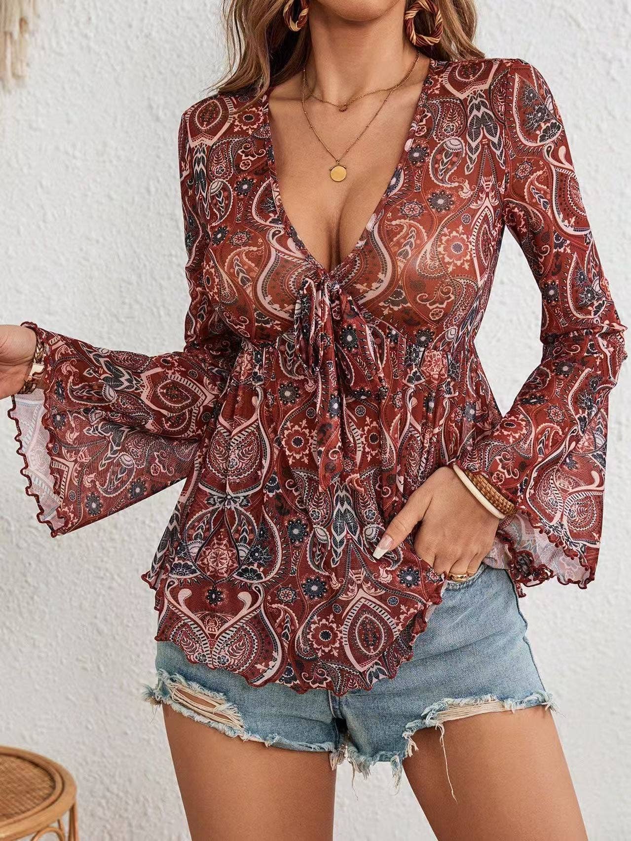 Miss Sparkling - Wholesale Blouse - Women's - Western Printed Bell Sleeve Blouse6